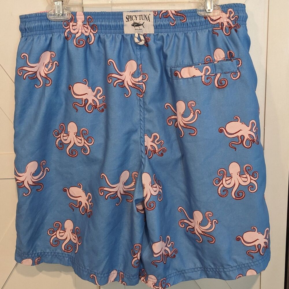 Spicy Tuna Octopus Swim Trunks Blue Mens L Beachcore Tropical Graphic Shorts